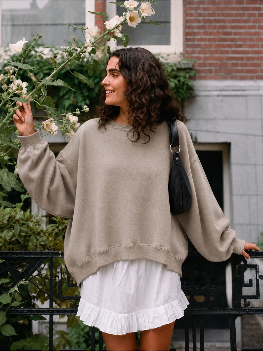 Zara Fall Oversized Crewneck Sweatshirt Sweater Brown Taupe Pullover Size S